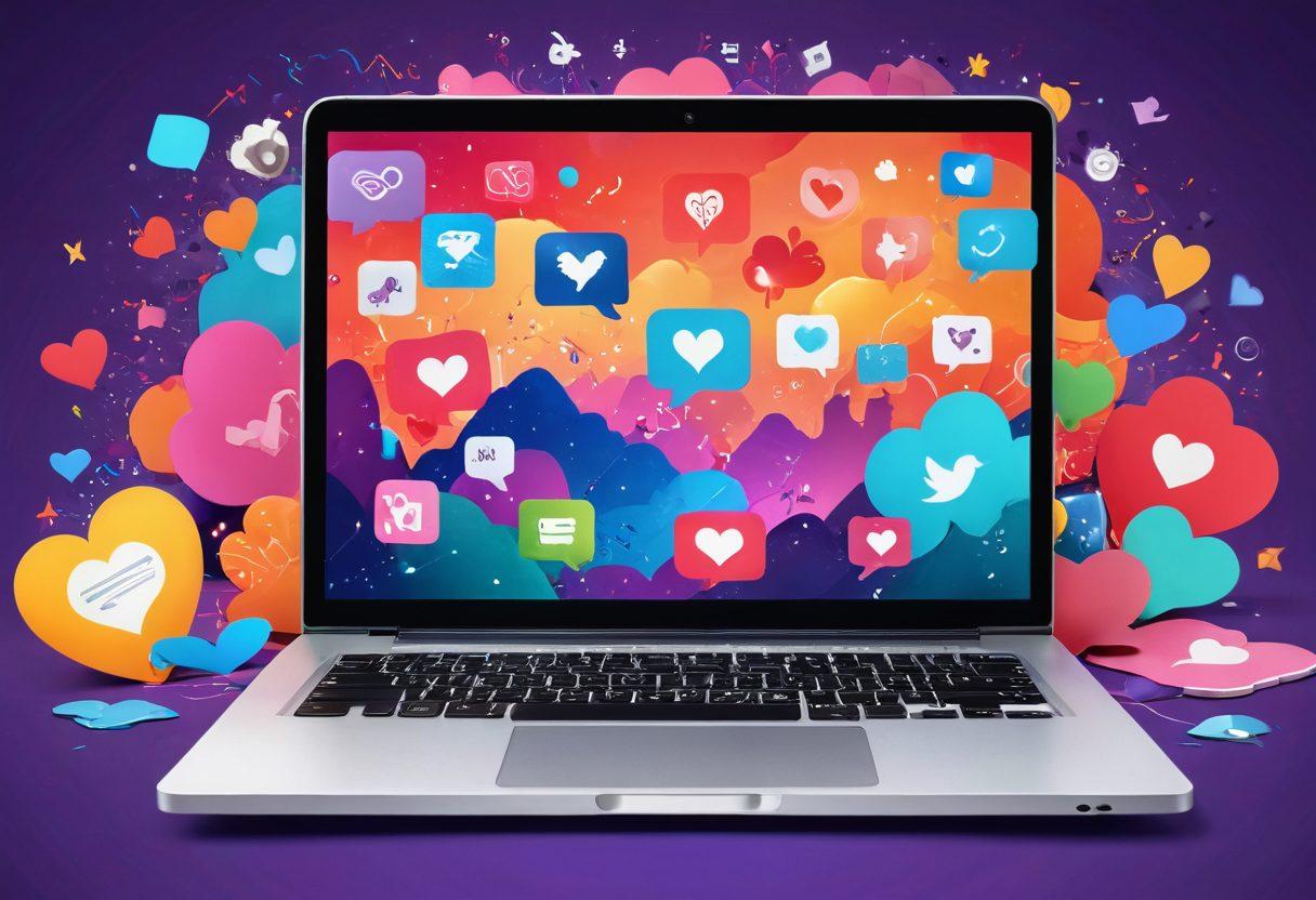 A vibrant and dynamic digital landscape depicting an open laptop with colorful storytelling elements like cartoons, graphics, and text floating out of the screen. Surround it with symbols of engagement like hearts, comment bubbles, and thumbs up icons. Include a diverse group of people actively creating and sharing stories in the background. The overall tone should be energetic and inviting, emphasizing creativity and connection. super-realistic. vibrant colors. 3D.