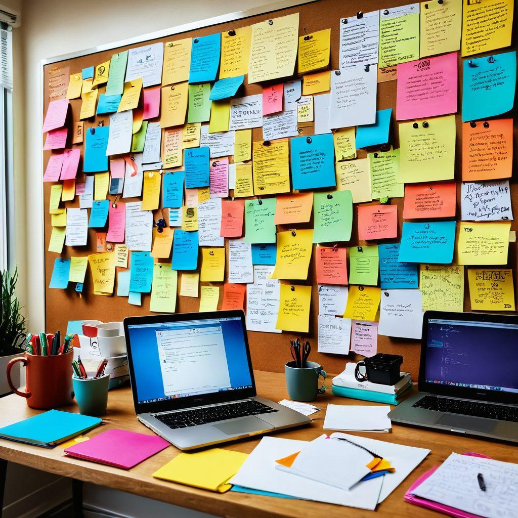 A creatively designed workspace featuring a laptop surrounded by colorful notebooks, coffee cups, and inspiring quotes on sticky notes. In the background, a large corkboard displays vivid mind maps and article ideas, alluding to content marketing strategies. The scene exudes a warm and inviting atmosphere to inspire creativity. vibrant colors. soft focus.