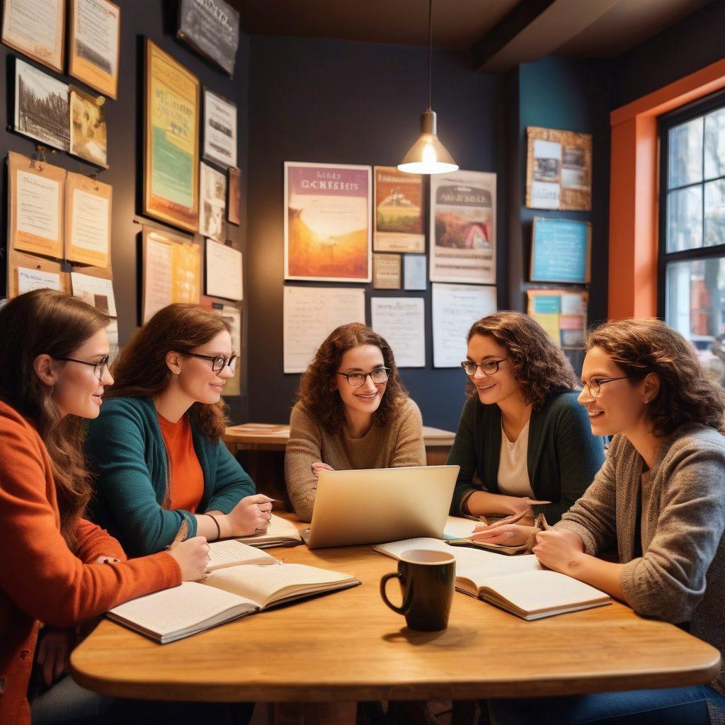 A diverse group of passionate writers gathered in a cozy coffee shop, engaged in lively discussions, with notebooks and laptops open. Surrounding them are colorful posters illustrating various storytelling techniques, and a warm light illuminating the scene. In the background, a chalkboard highlights tips for creative writing. The atmosphere is inviting and inspiring. super-realistic. vibrant colors. cozy setting.